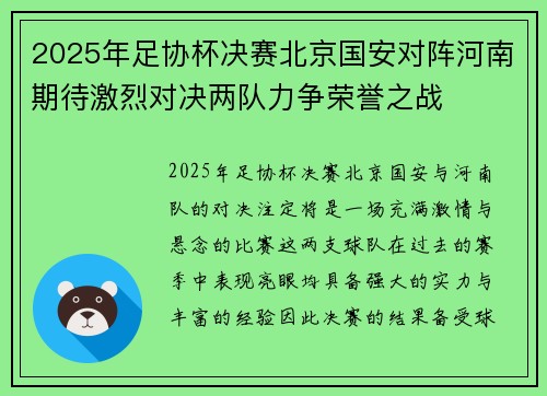 2025年足协杯决赛北京国安对阵河南期待激烈对决两队力争荣誉之战